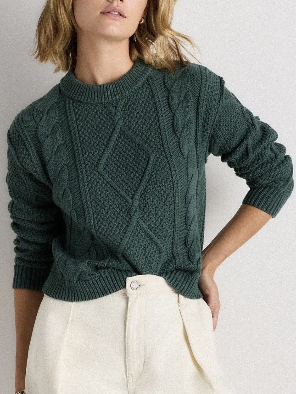 Quince Organic Cotton Cropped Cable Knit Crew Green Sweater XS Casual Preppy